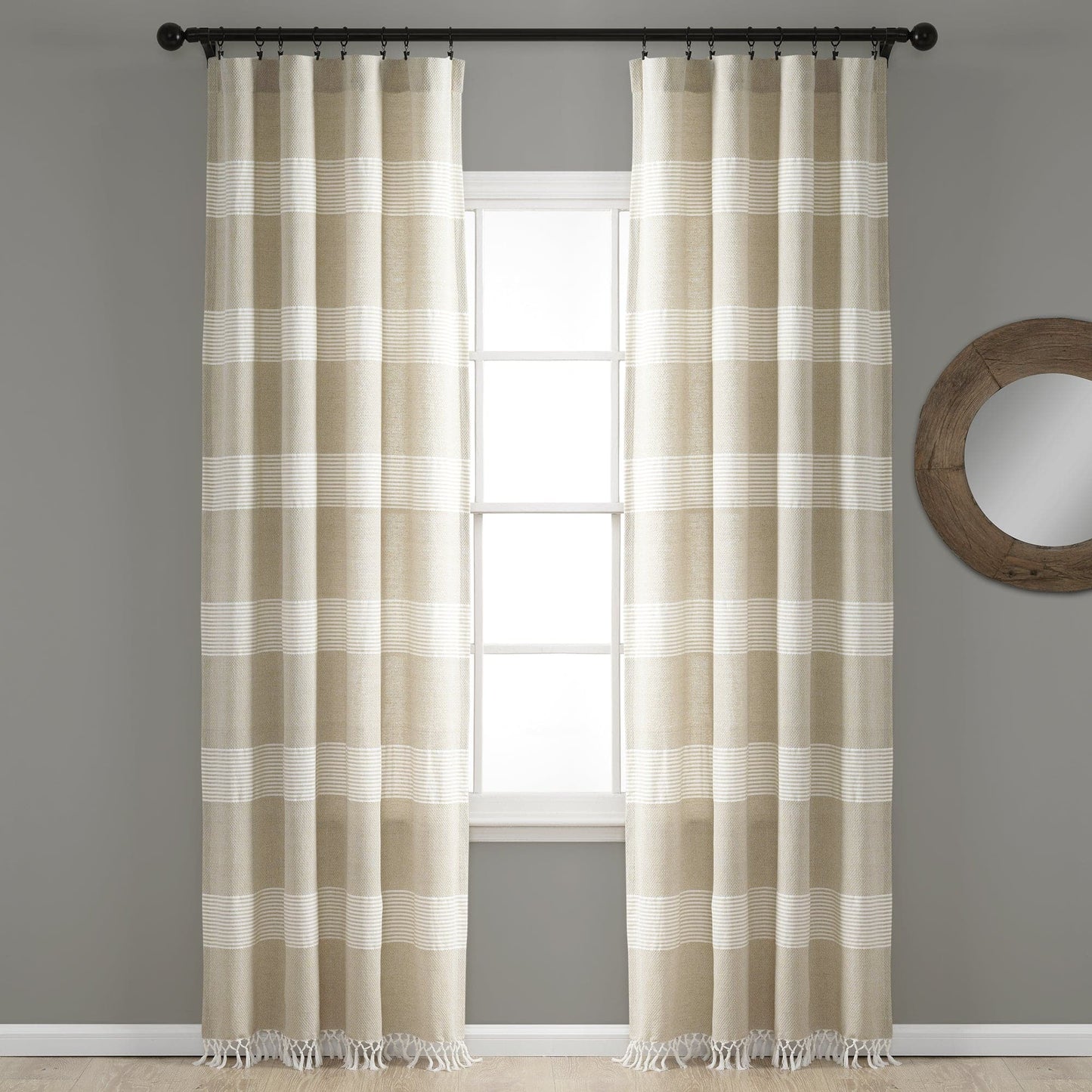 Tucker Stripe Yarn Dyed Cotton Knotted Tassel Window Curtain Panel Set