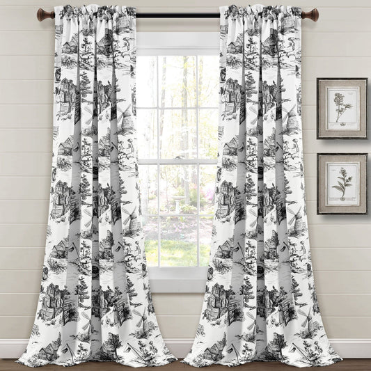 French Country Toile Room Darkening Window Curtain Set