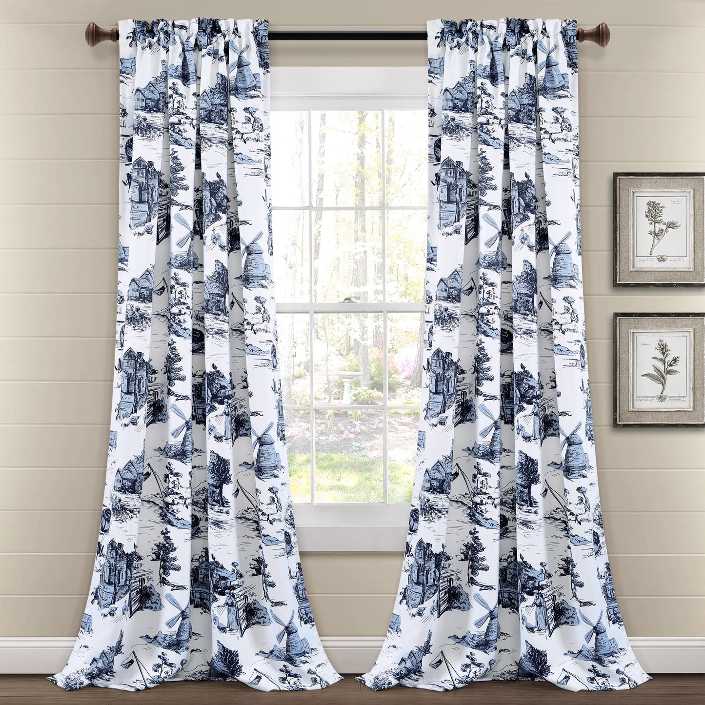 French Country Toile Room Darkening Window Curtain Set