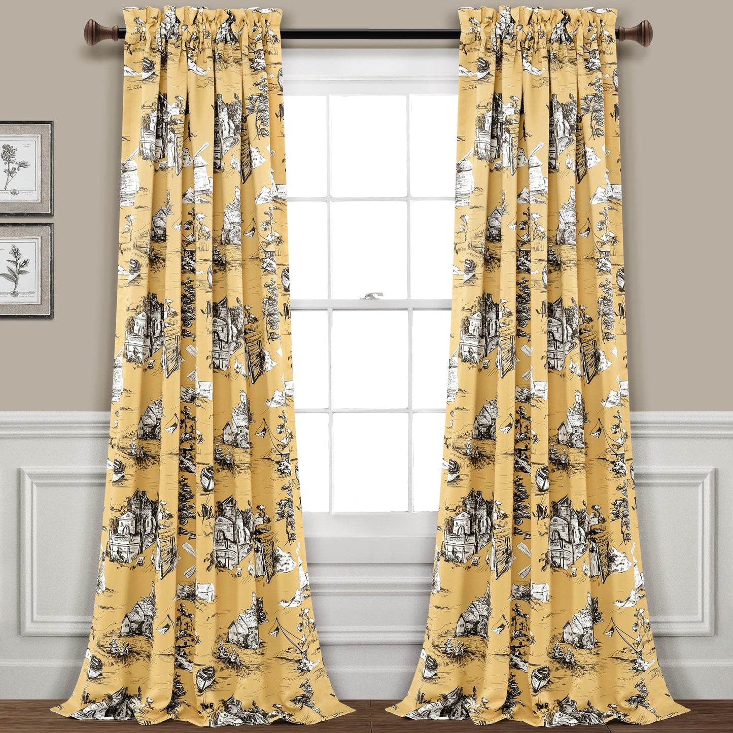 French Country Toile Room Darkening Window Curtain Set