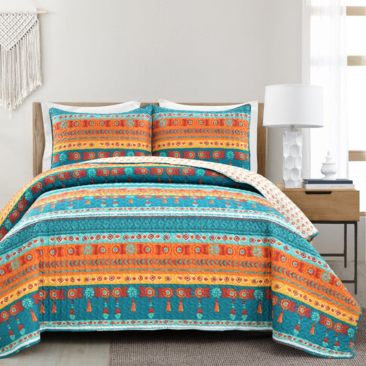 Boho Watercolor Border Quilt 3 Piece Set