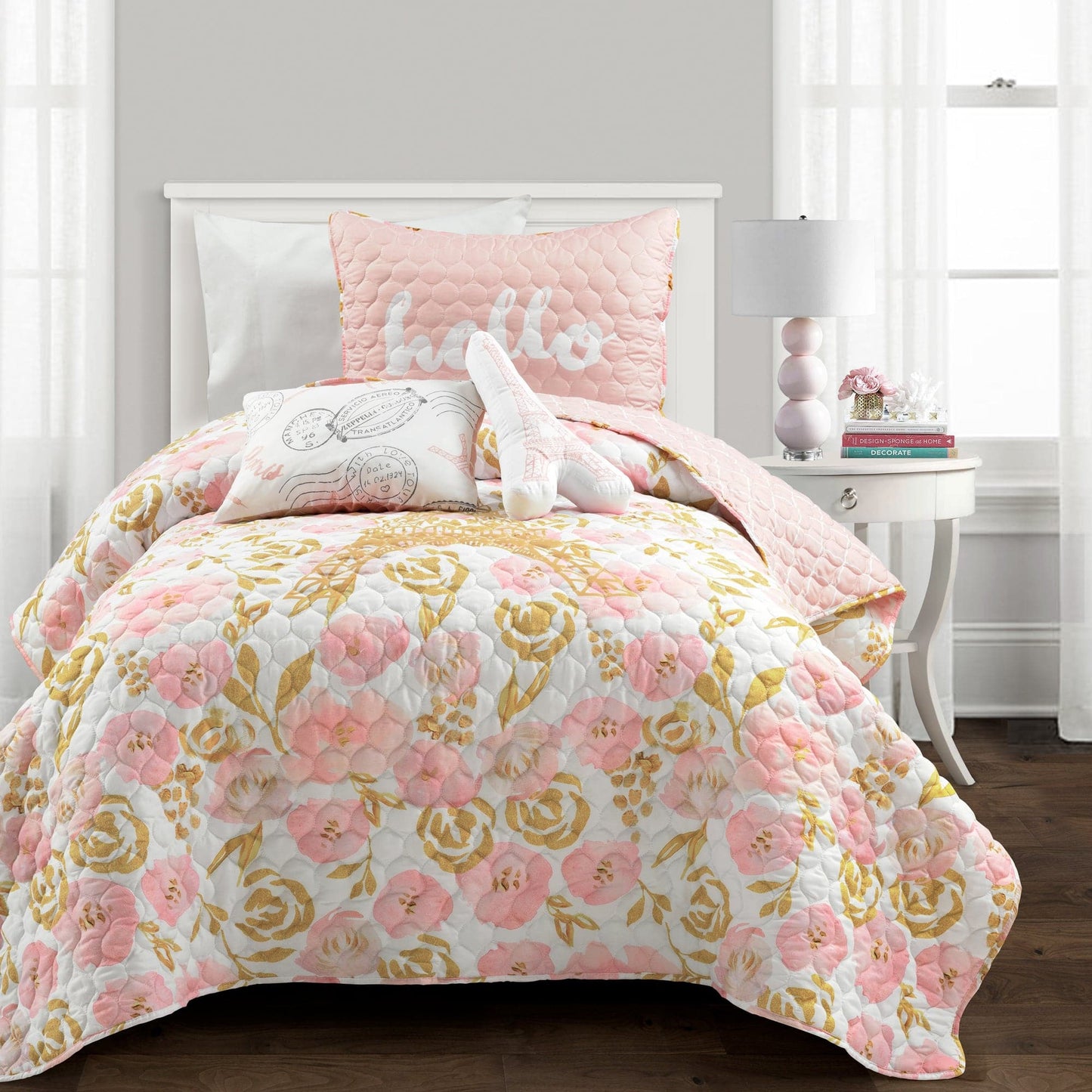 Watercolor Rose Paris Glitter Reversible Quilt Set