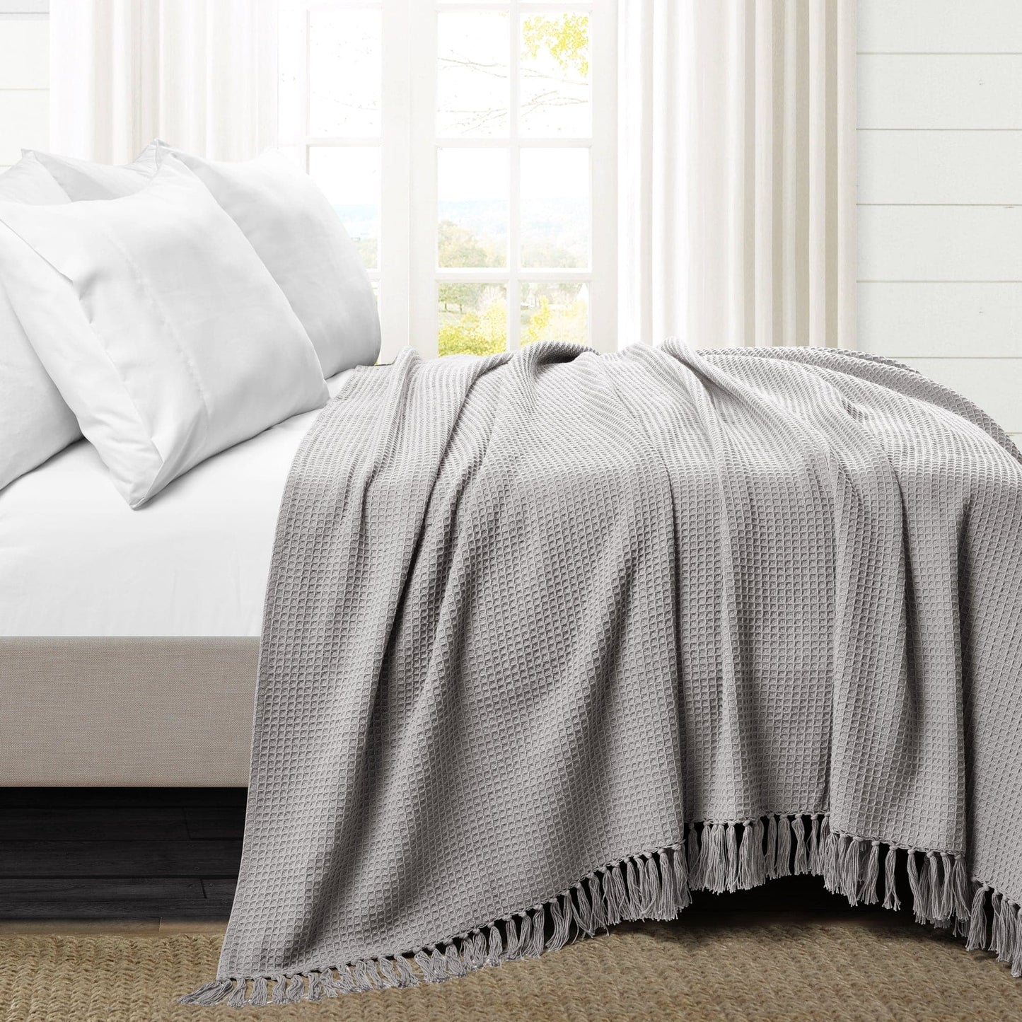 Waffle Cotton Knit Tassel Fringe Blanket/Coverlet