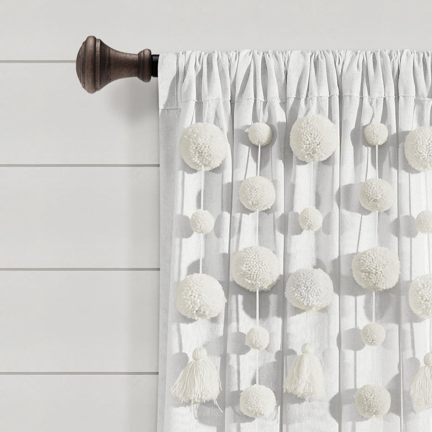 Boho Pom Pom Tassel Faux Linen Window Curtain Panel