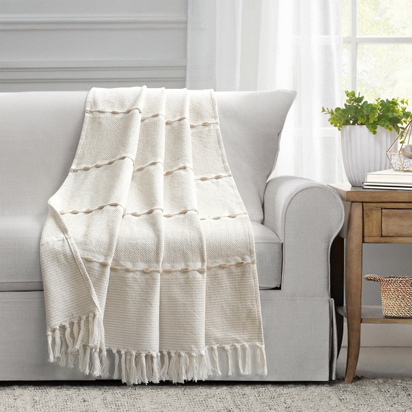 Herringbone Stripe Yarn Dyed Cotton Woven Tassel Throw