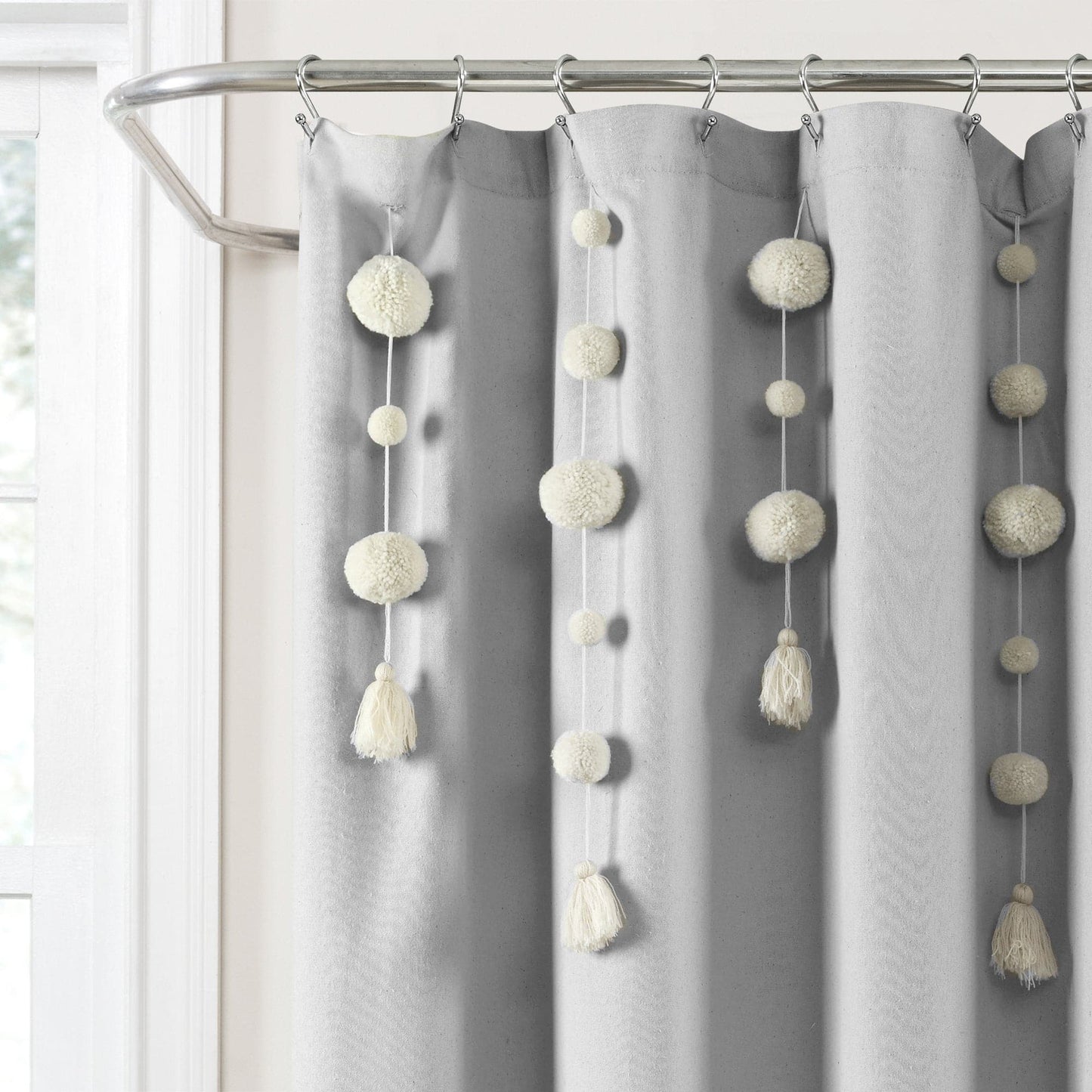 Boho Pom Pom Tassel Faux Linen Shower Curtain