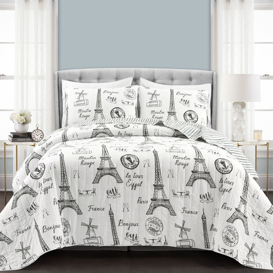 Paris Bonjour Reversible Cotton 3 Piece Quilt Set