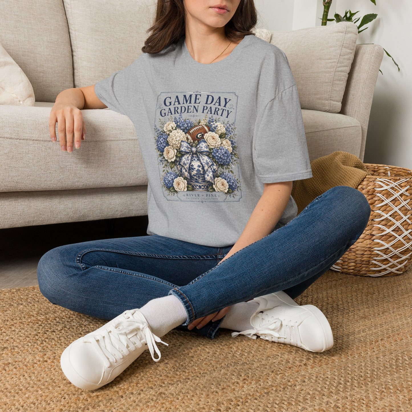 River + Pine "Game Day Garden Party" Floral Womens UGA Football Tee (front graphic only)
