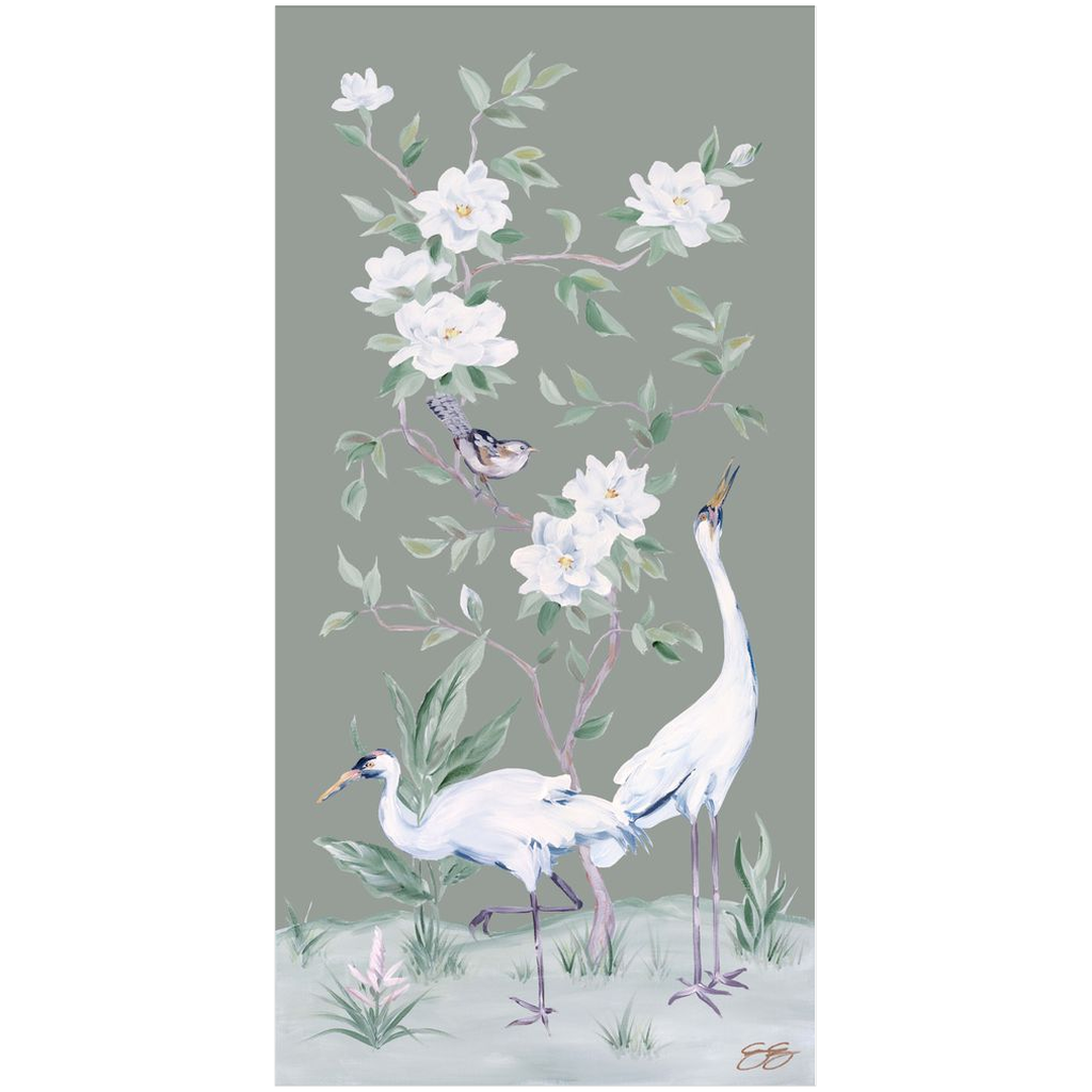 Cranes and Gardenias, a green chinoiserie fine art print