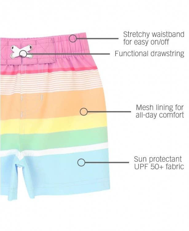 RuffleButts + RuggedButts - Rainbow Multi-Stripe Swim Trunks RuffleButts + RuggedButts - Rainbow Multi-Stripe Swim Trunks