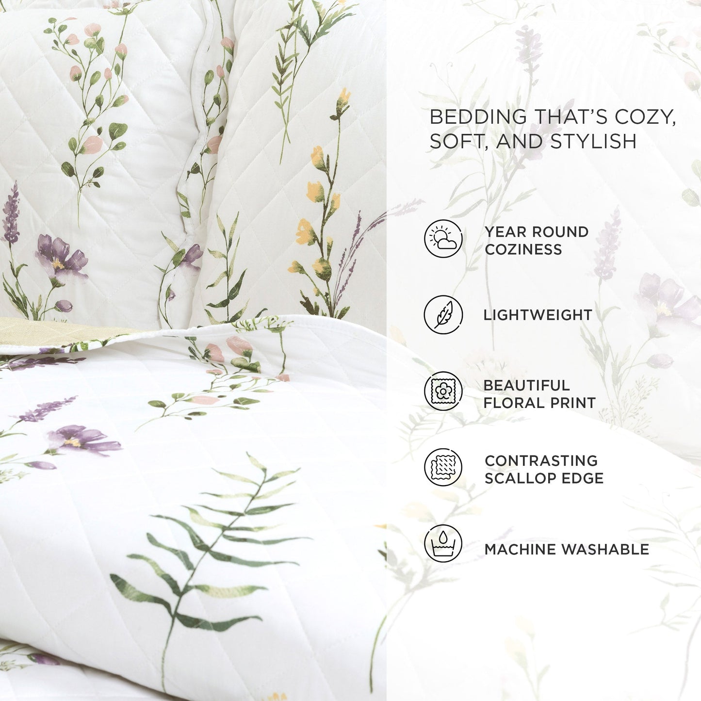 Watercolor Wildflower Scallop Edge Floral 3 Piece Quilt Set