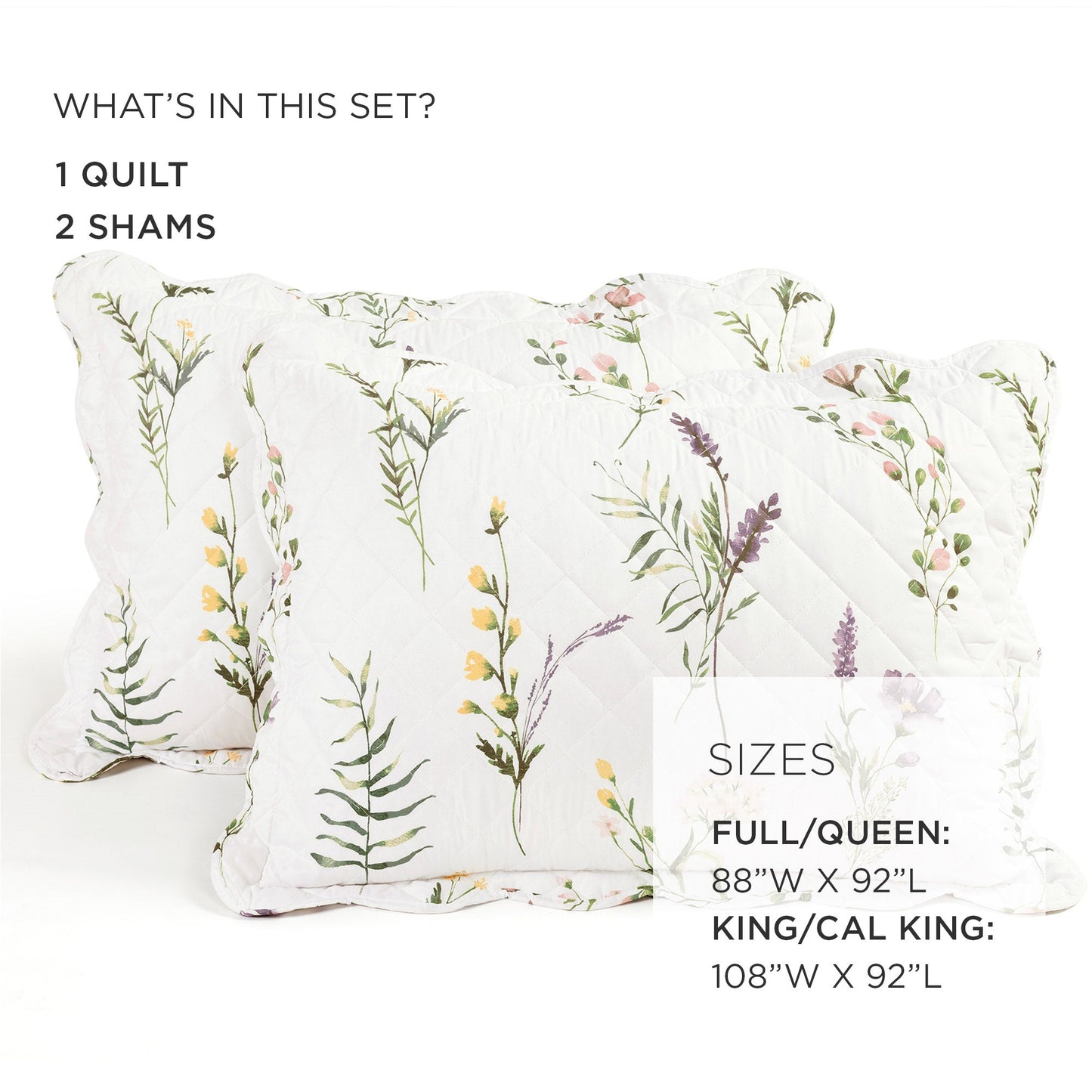 Watercolor Wildflower Scallop Edge Floral 3 Piece Quilt Set