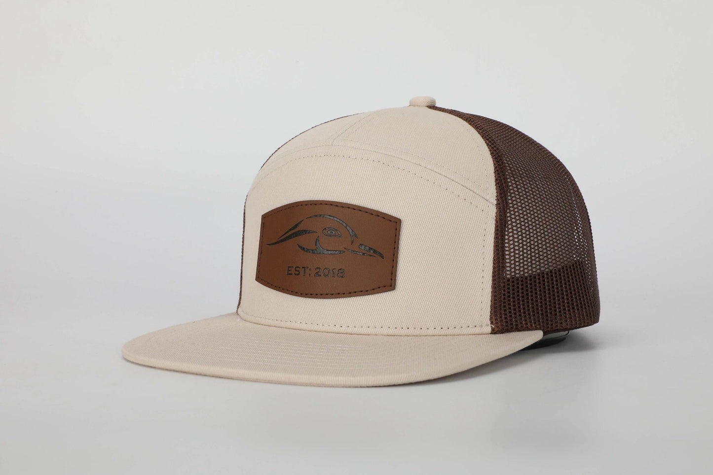 AF Waterfowl Leather Patch Pale Khaki & Brown 7 Panel Trucker