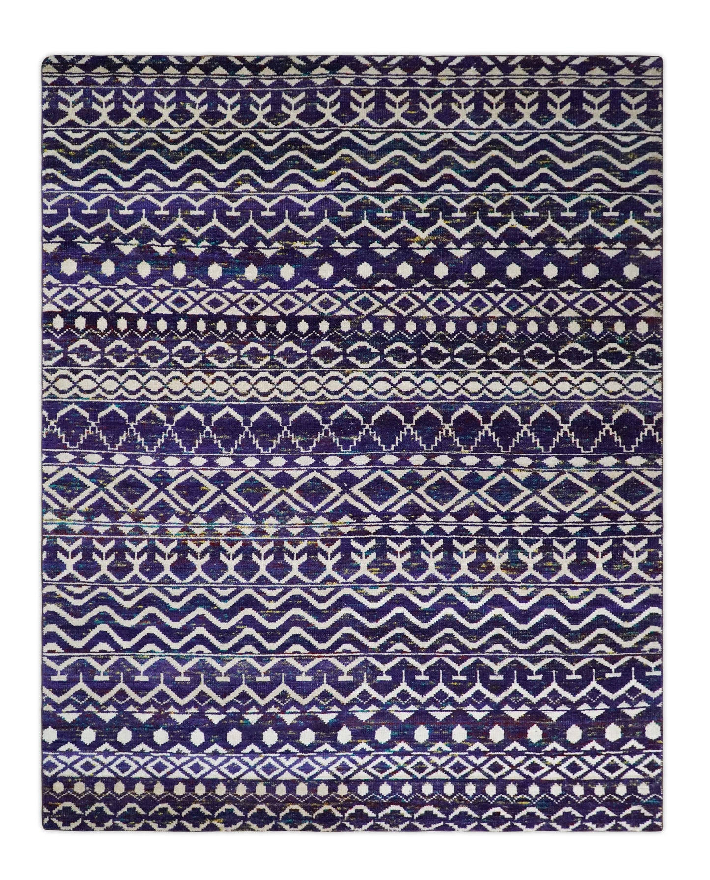 4x6 and 8x10 Hand Knotted Blue and White Modern Contemporary Southwestern Tribal Trellis Recycled Silk Area Rug | OP6