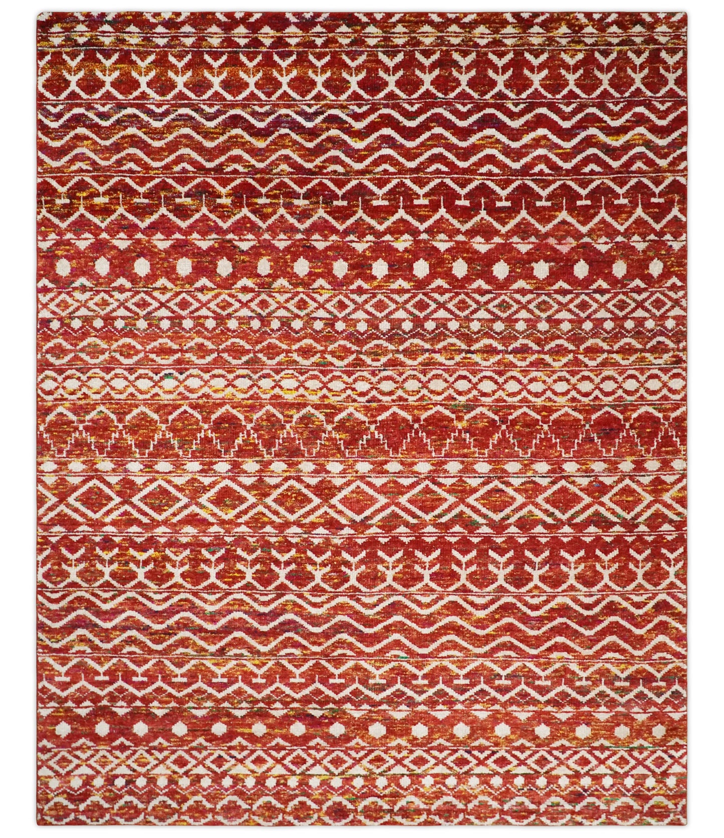 4x6 and 8x10 Hand Knotted Rust, Gold and White Modern Contemporary Southwestern Tribal Trellis Recycled Silk Area Rug | OP5