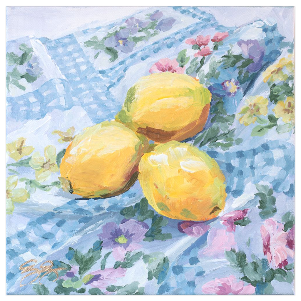 Lemons on floral fabric, a fine art print on paper