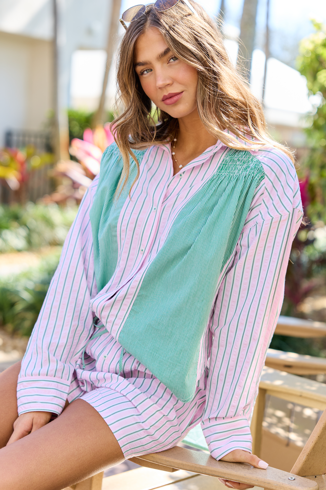 Palm Grove Light Pink and Green Multi Stripe Button Down Shirt SALE