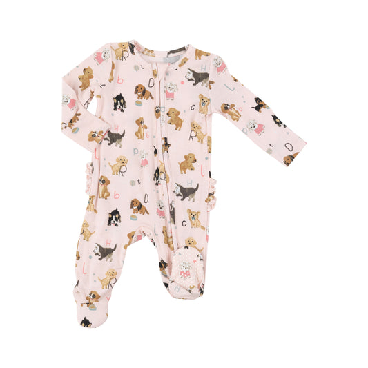 2 Way Zipper Ruffle Back Footie - Puppy Alphabet