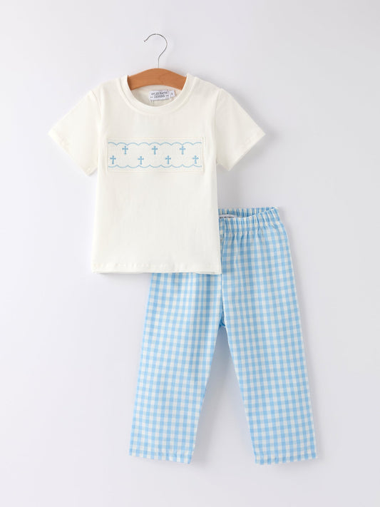 Blue Smocked Church Christ Bishop Christening Toddler Boys'Set