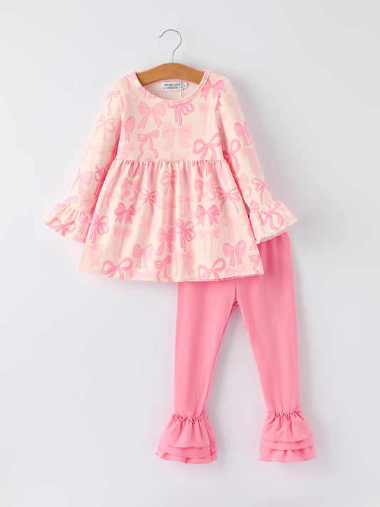 Girls Pink Bow Print Ruffled Long-sleeved Set