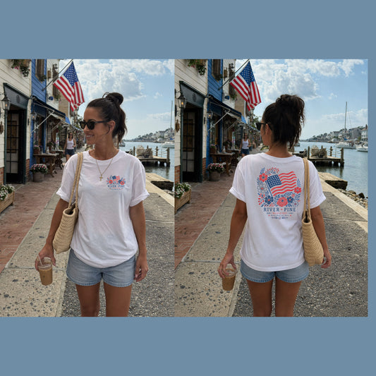 Patriotic Wild & Free Floral "River + Pine" Women's Tee