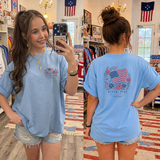 Patriotic Wild & Free Floral "River + Pine" Girl's Youth Tee