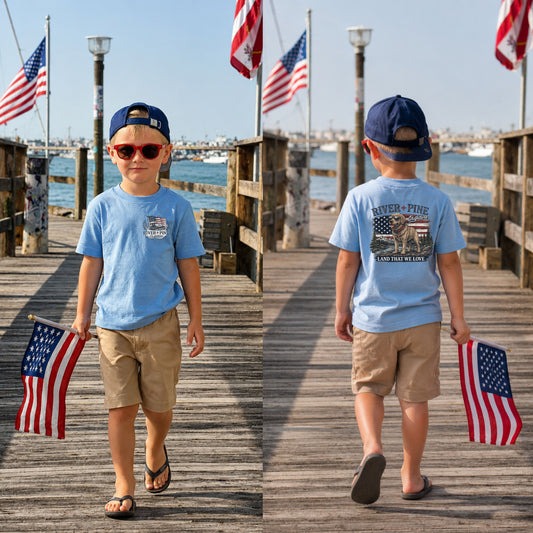Toddler Tee — 'River & Pine' Patriotic Dog Graphic (Land That We Love)
