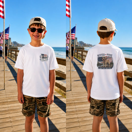 River + Pine 'Land That We Love' Youth T-Shirt — Patriotic Dog Graphic