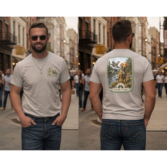 River + Pine Graphic T-Shirt — Outdoor Nature Logo Tee