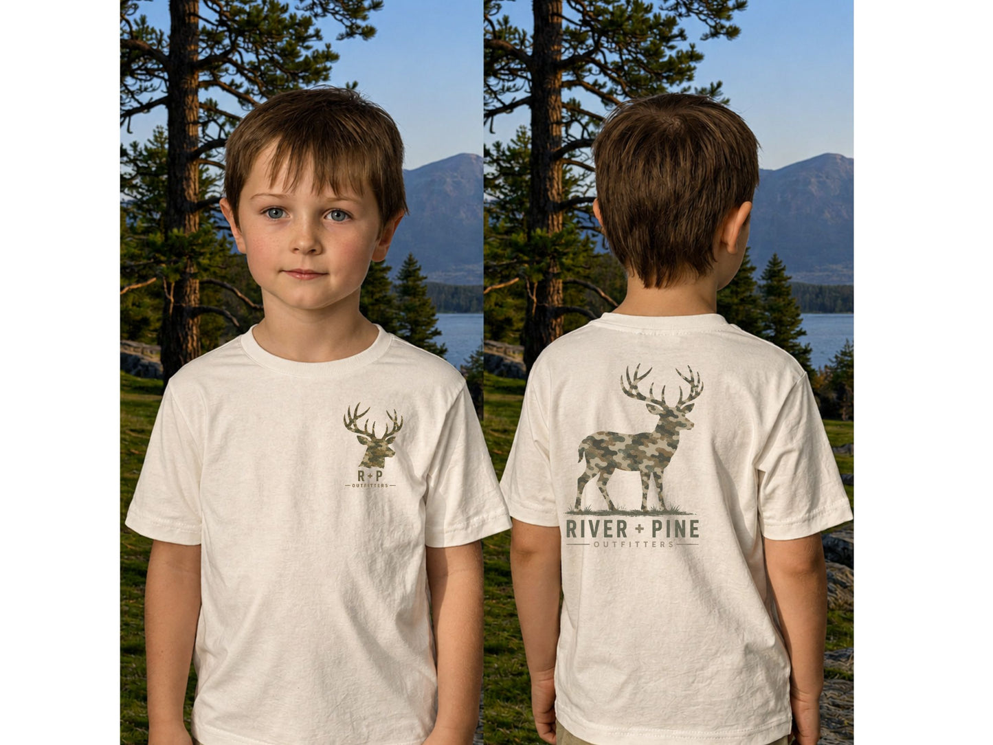 River + Pine Outfitters  — Muted Modern Camo Buck Youth Graphic T-Shirt
