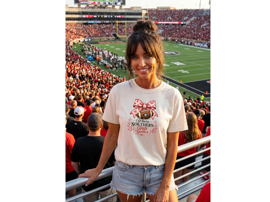 Southern Football Tee — "Where Southern Girls Gather" (Red Print)