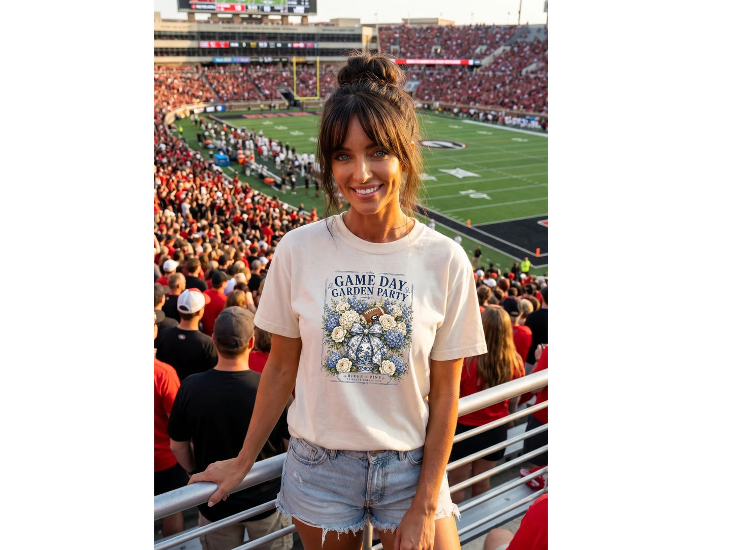 River + Pine "Game Day Garden Party" Floral Womens UGA Football Tee (front graphic only)