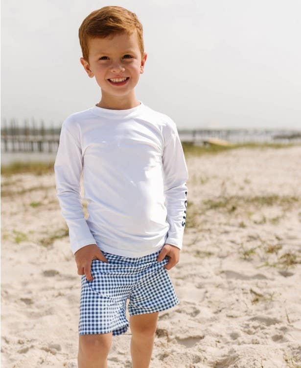 RuffleButts - Navy Gingham Swim Trunks