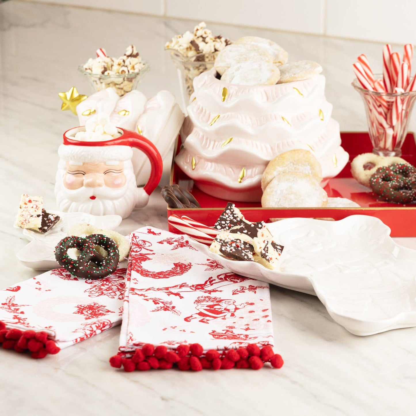 8 Oak Lane - Santa Toile PomPom Kitchen Towel Set