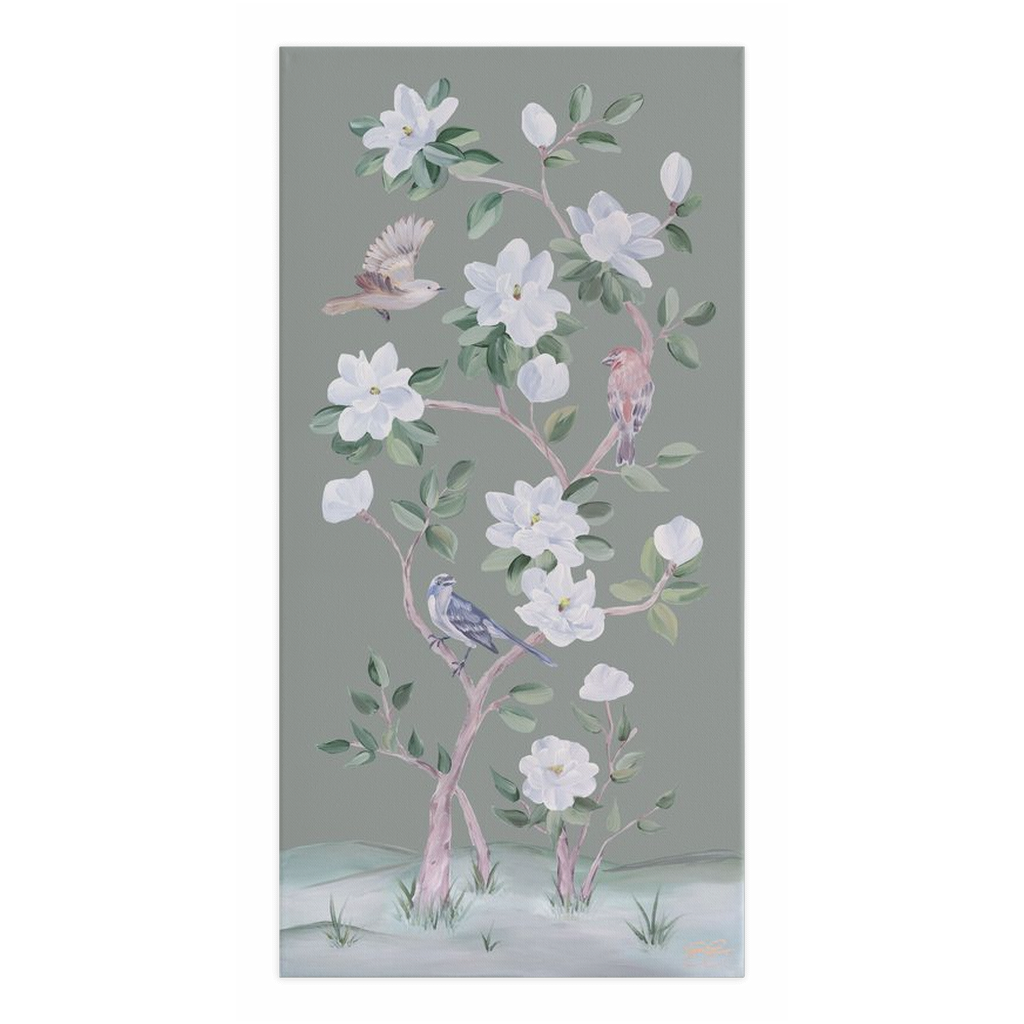 Songbirds and Magnolias, a green chinoiserie canvas wrap