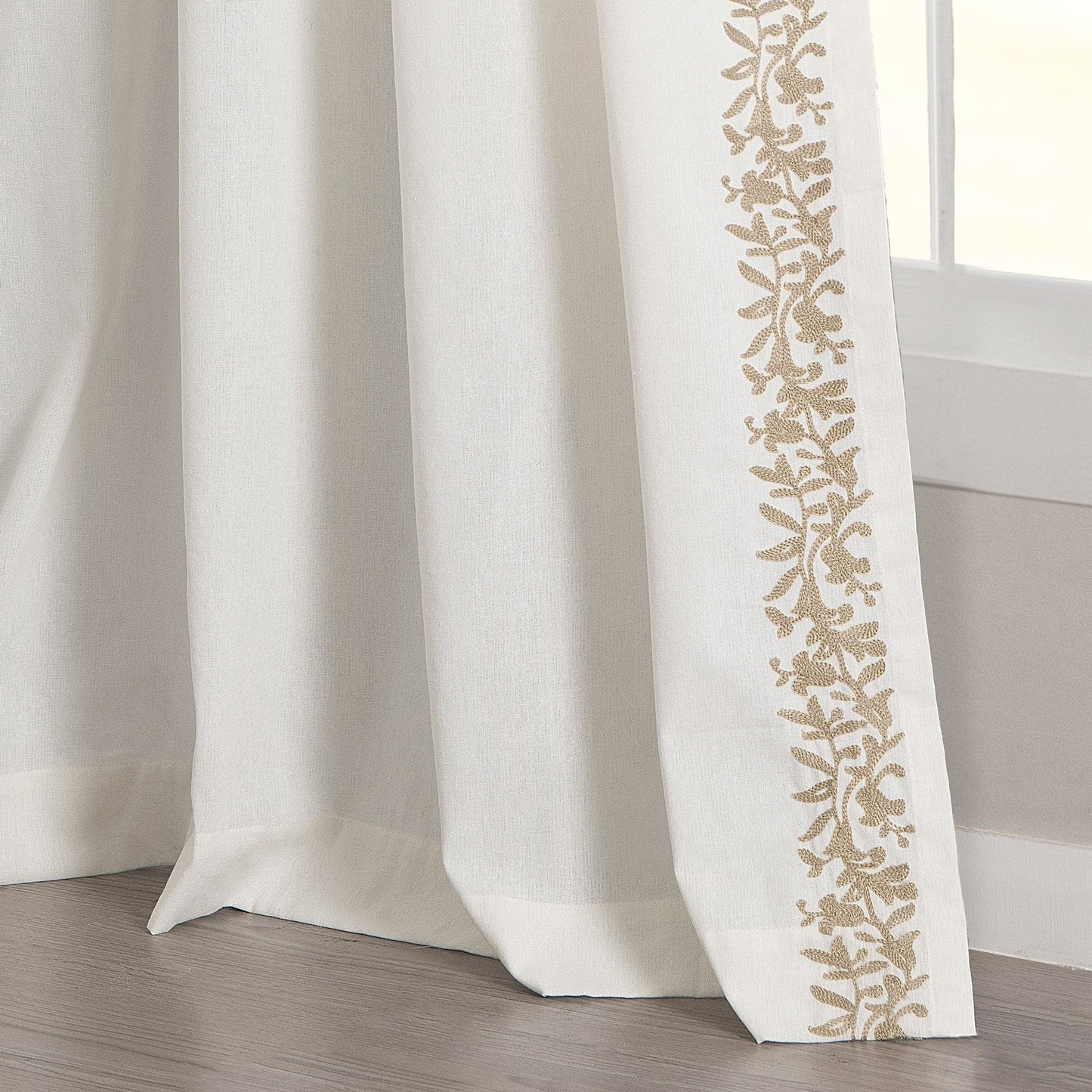 Luxury Modern Flower Linen Like Embroidery Border Window Curtain Panel