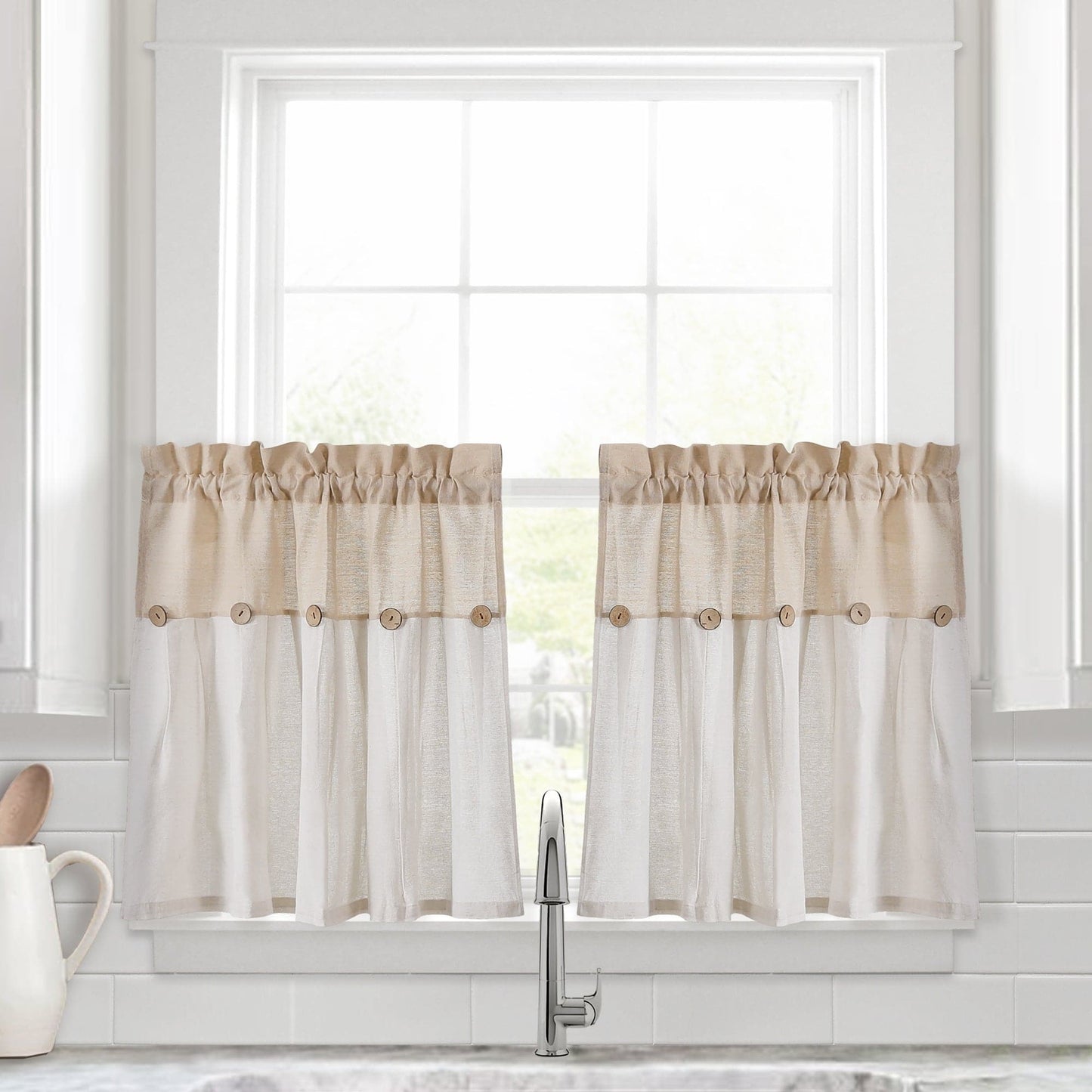 Linen Button Kitchen Window Tiers Set