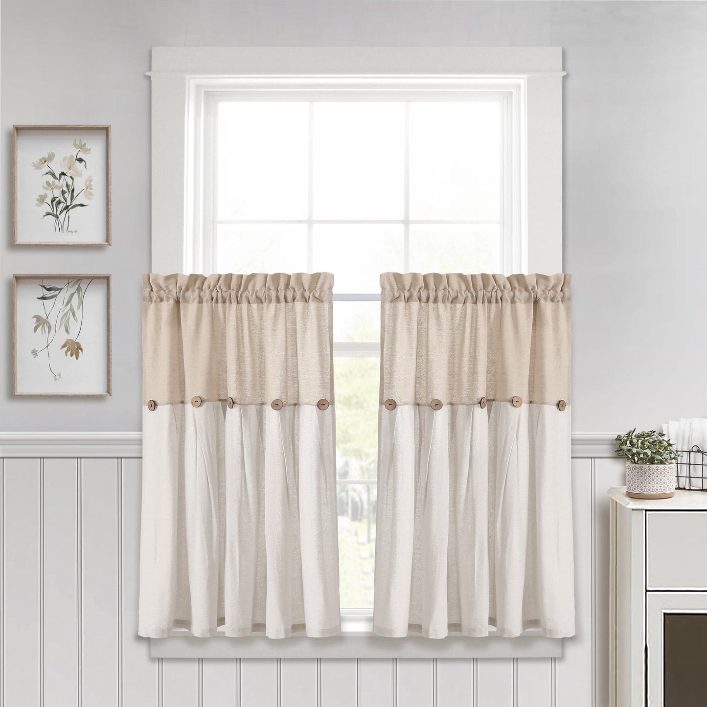 Linen Button Kitchen Window Tiers Set