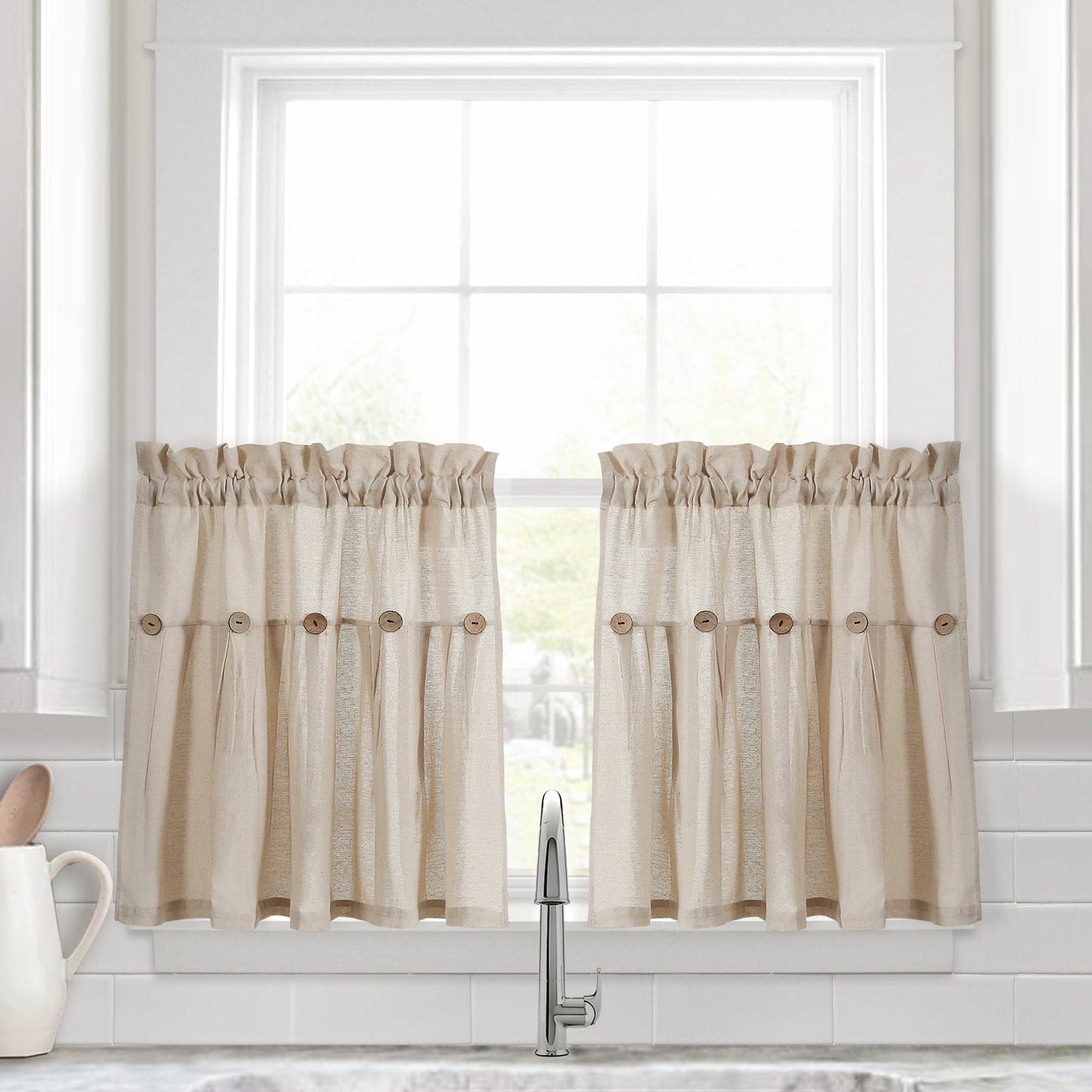 Linen Button Kitchen Window Tiers Set