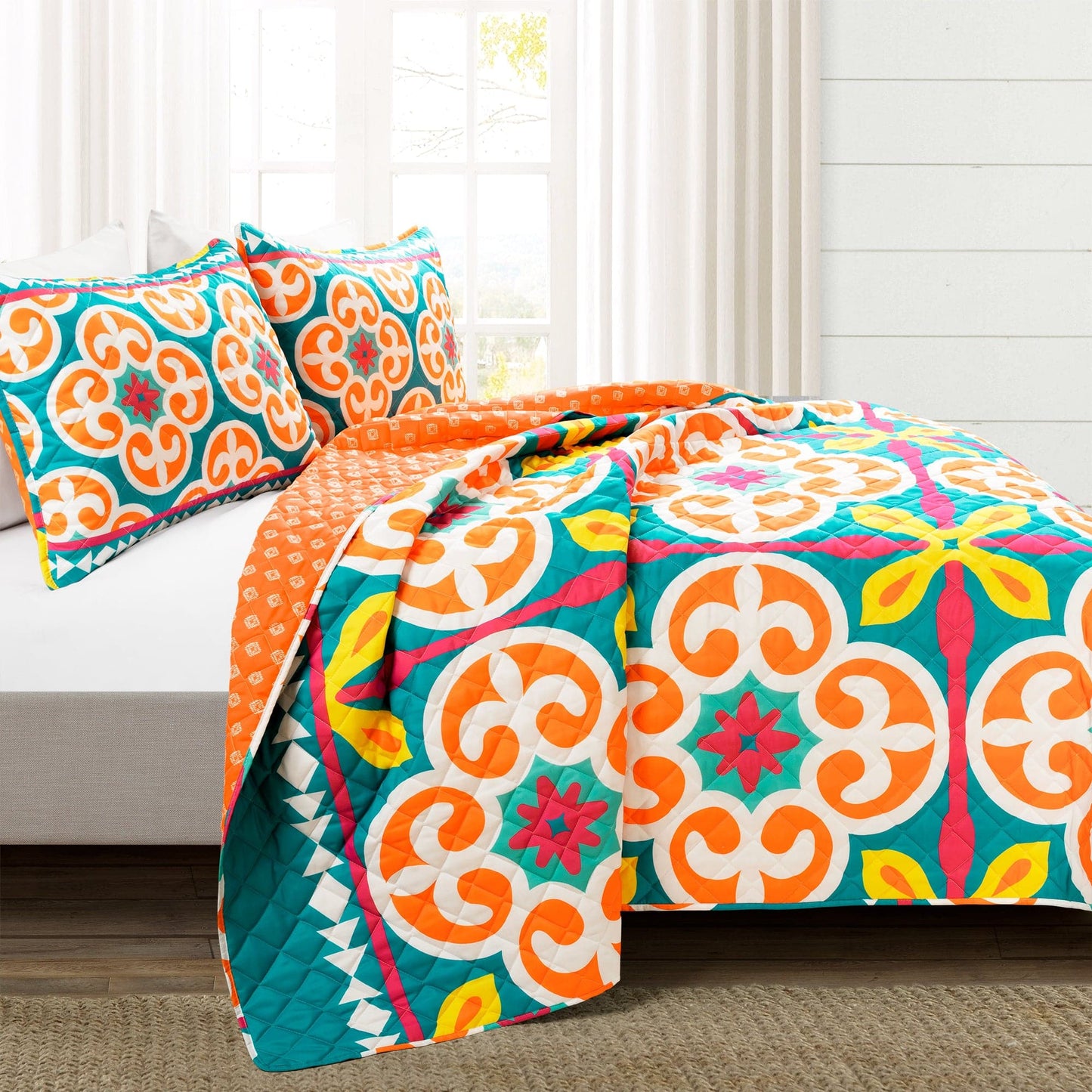 Boho Floral Reversible 3 Piece Quilt Set