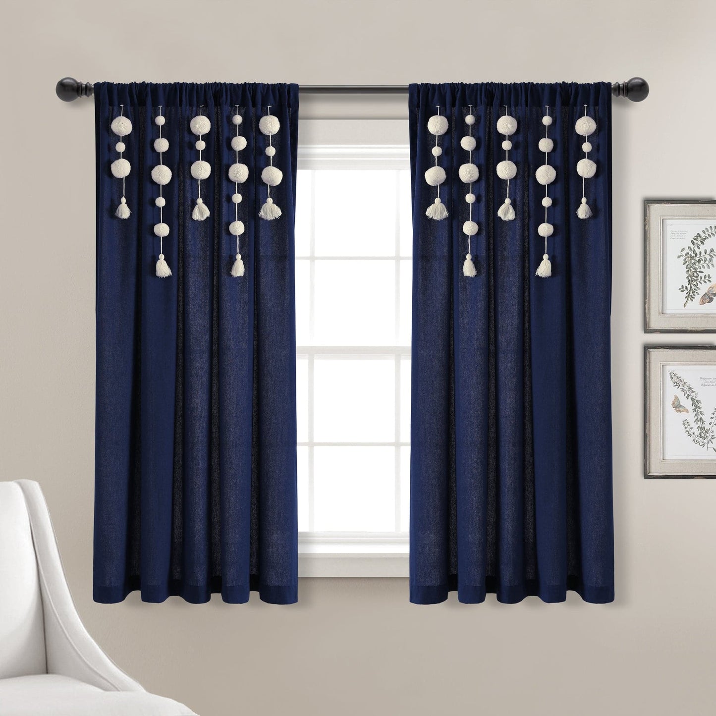 Boho Pom Pom Tassel Faux Linen Window Curtain Panel