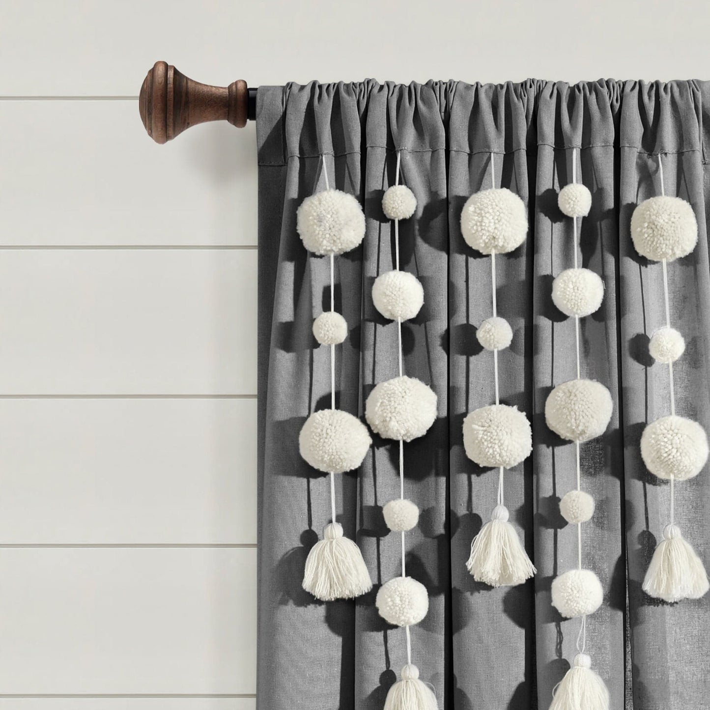 Boho Pom Pom Tassel Faux Linen Window Curtain Panel