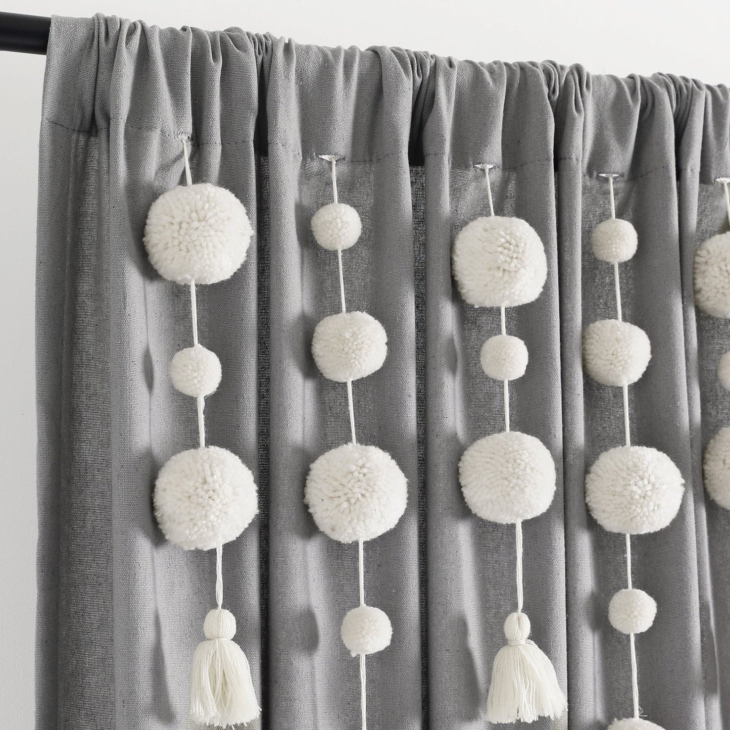 Boho Pom Pom Tassel Faux Linen Window Curtain Panel