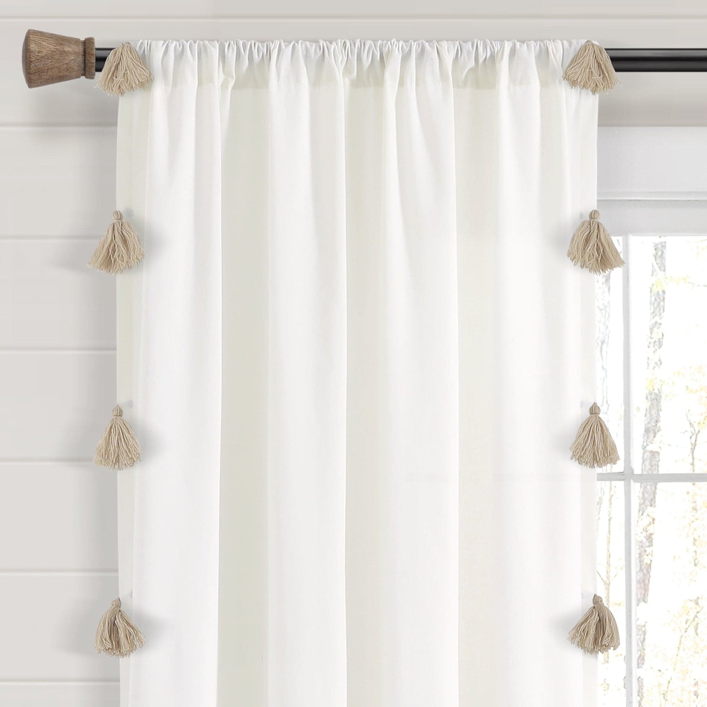 Boho Faux Linen Texture Tassel Window Curtain Panel