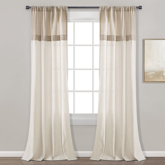 Farmhouse Faux Linen Colorblock Pleated Window Curtains