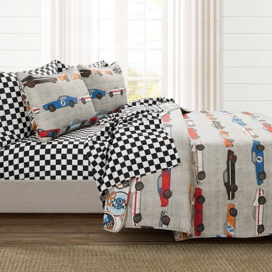 Race Cars Reversible Quilt Set + Sheet Set Combo