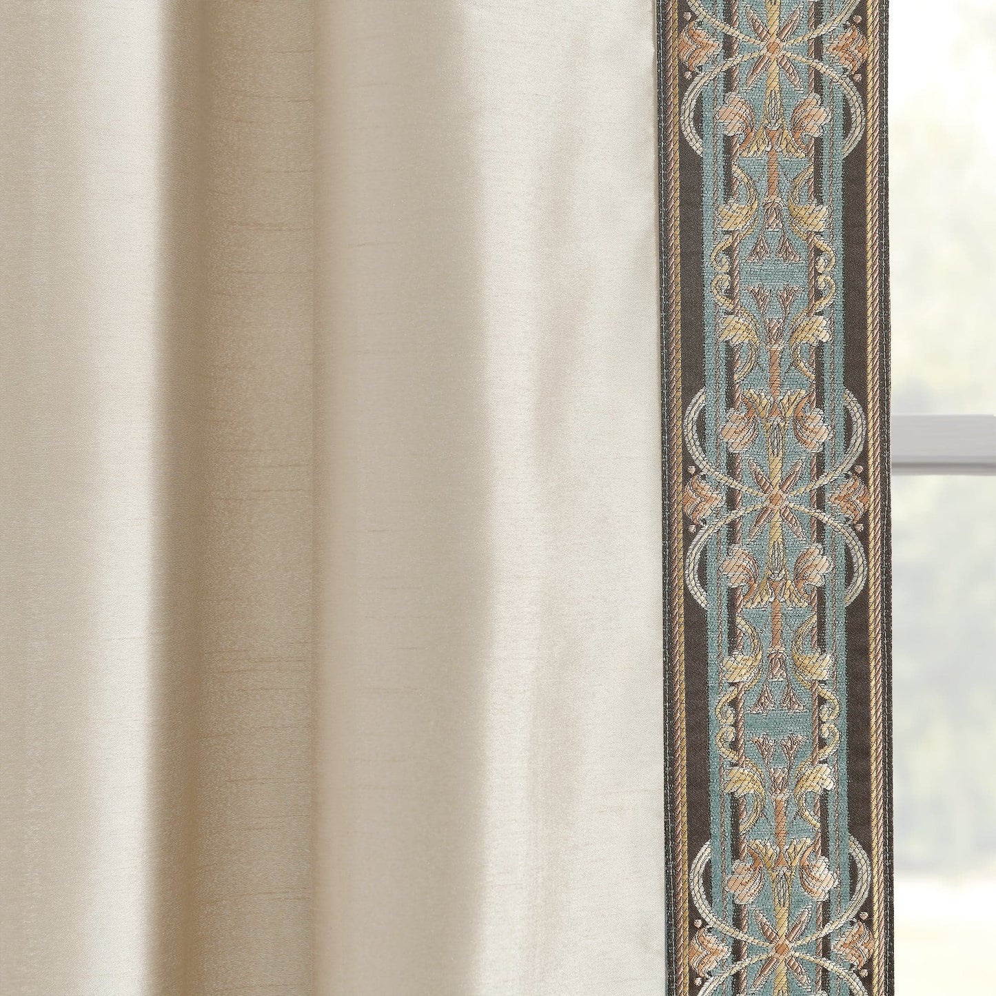 Luxury Traditional Regency Faux Silk Border Trim Window Curtain Panel