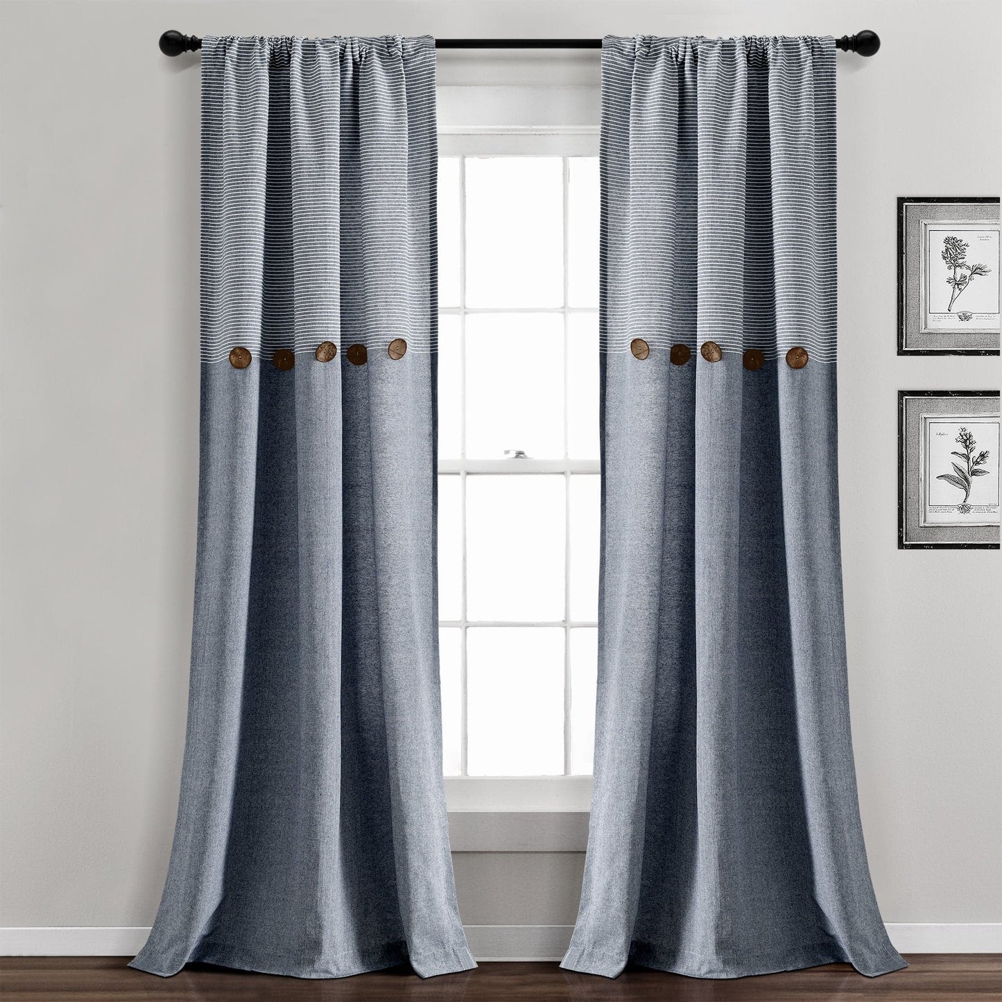 Farmhouse Button Stripe Yarn Dyed Woven Cotton Window Curtain Panel Set