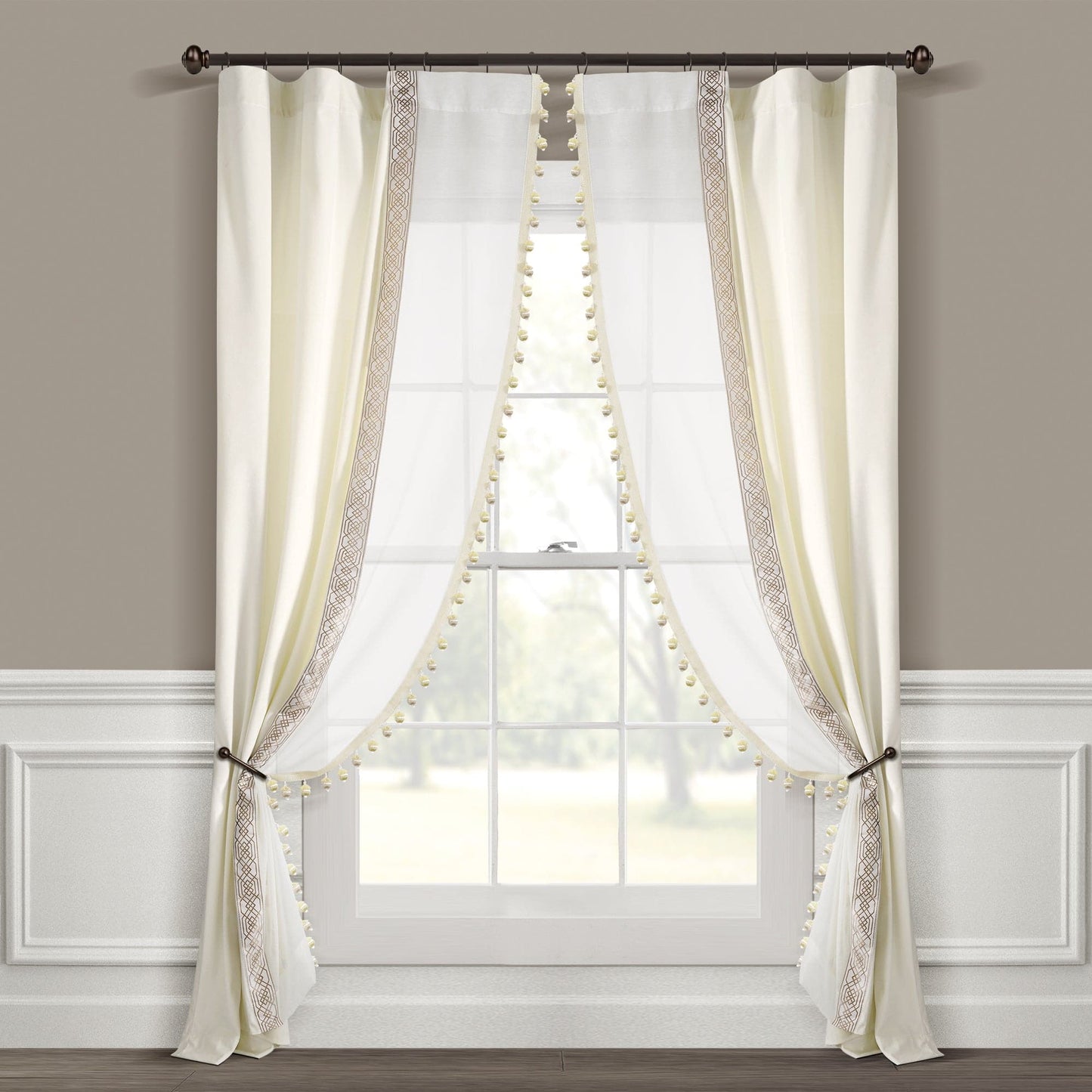 Luxury Vintage Velvet & Sheer With Border Pompom Trim Window Curtain Panel