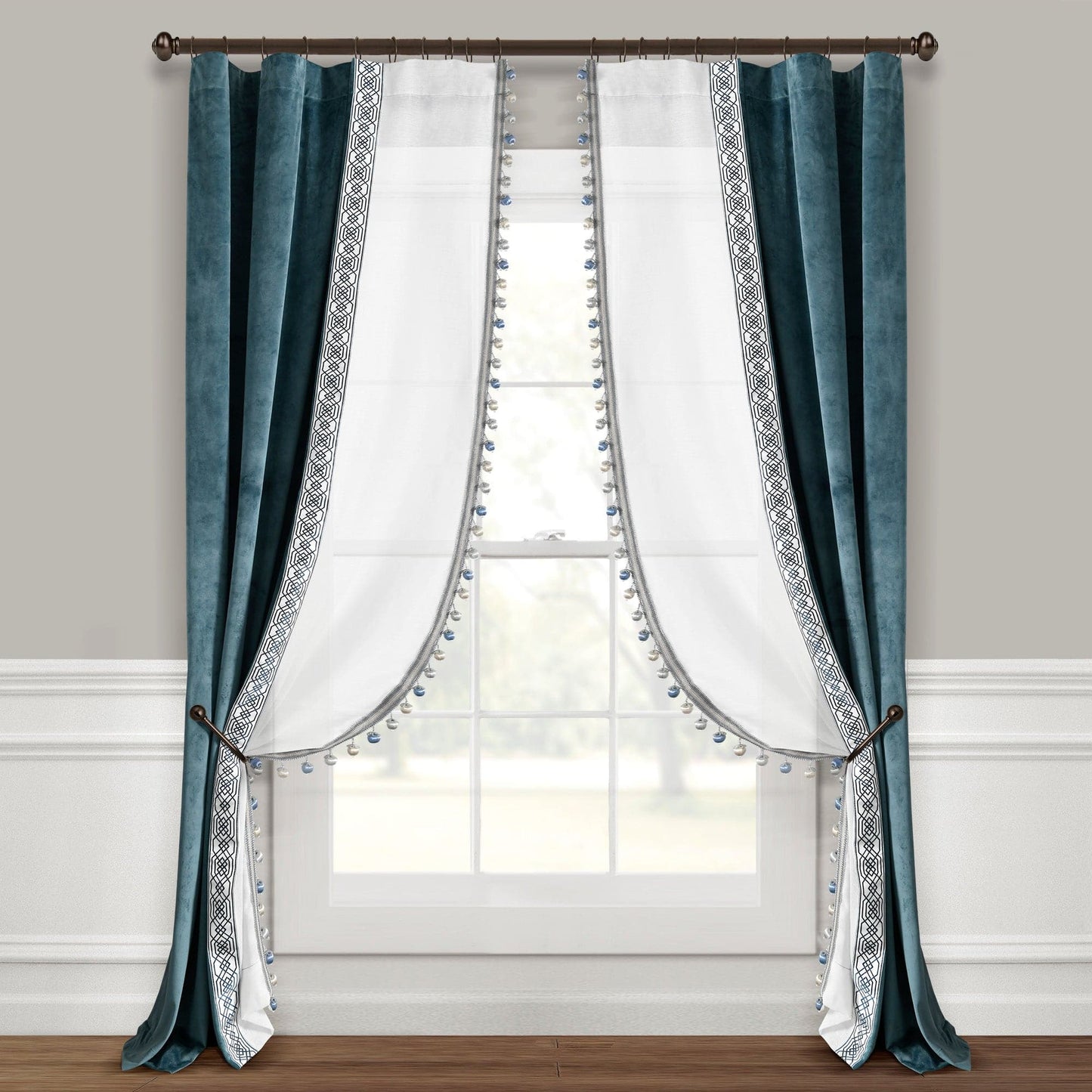 Luxury Vintage Velvet & Sheer With Border Pompom Trim Window Curtain Panel